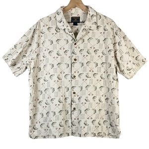 Woolrich Men’s Cream Colored Short Sleeve Button Up Fishing Print Size XL